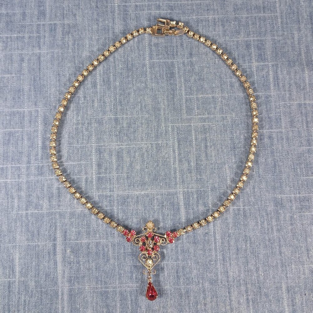 1980s Vintage Necklace with Clear Rhinestones and a Red Rhinestone Drop